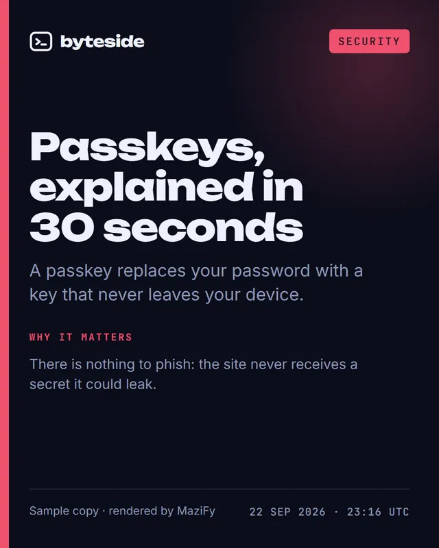 Sample tech post in the dark mode: Passkeys, explained in 30 seconds.